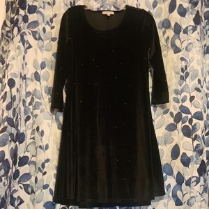 Joan‎ Vass Glitter Black Velvet Dress Size Small Classic 3/4 Sleeve Midi Dress